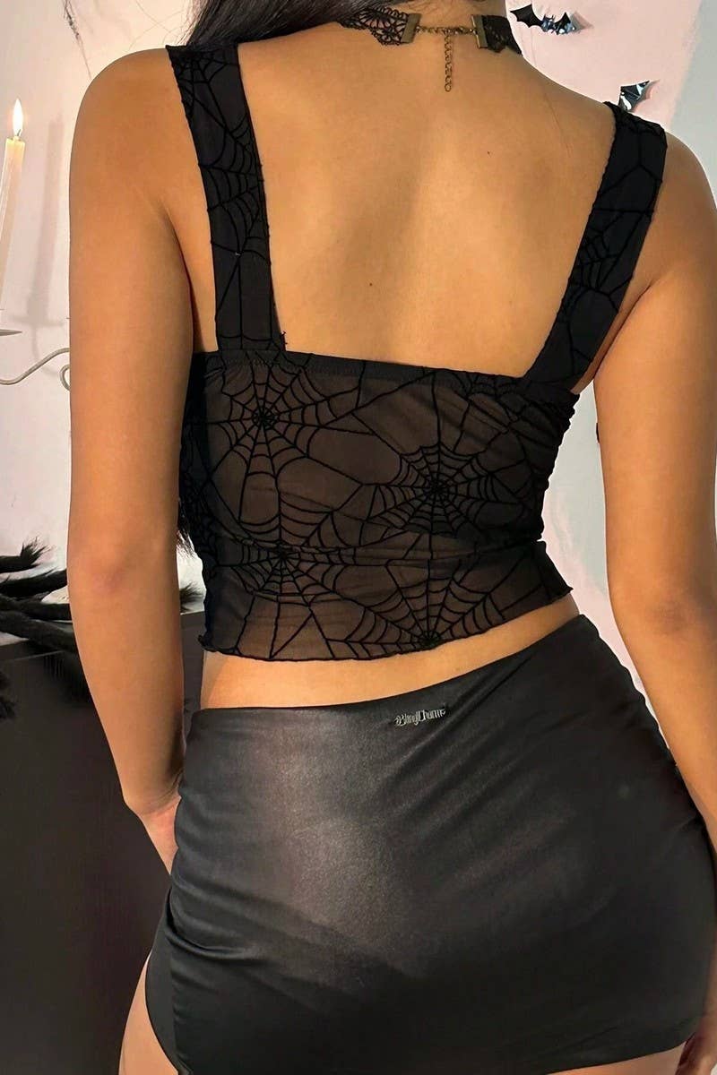 CWTTK0708_SPIDER WEB MESH SHEER SLIM FIT TANK TOP: BLACK / (XXL) 1