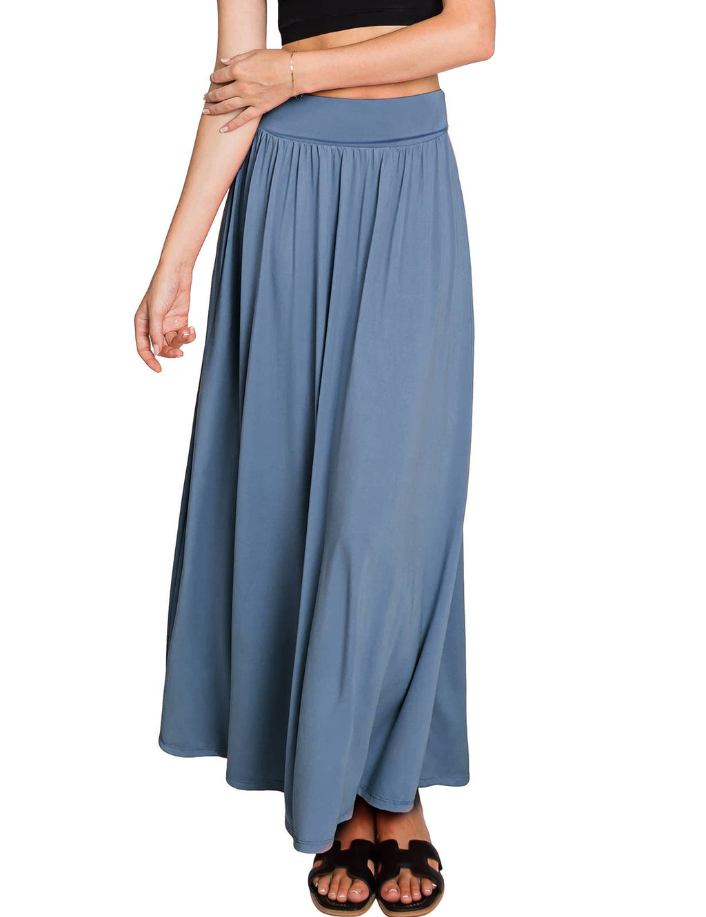 AWBLS089_High Waist Elastic Closure Gather Maxi Skirt: Black / (L) 1