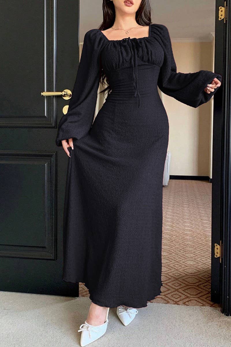 CWDMD03111_SOLID SQUARE NECK CROSS TIE BODYCON DRESS: BLACK / (L) 1
