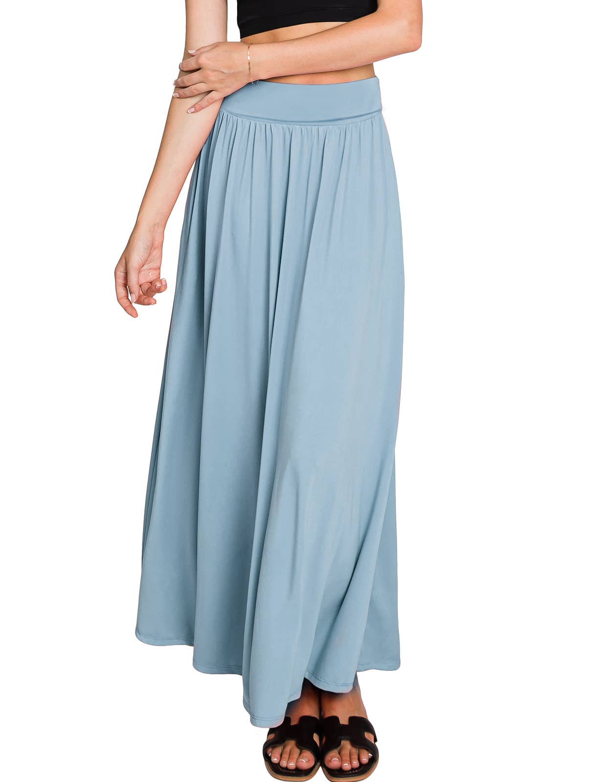AWBLS089_High Waist Elastic Closure Gather Maxi Skirt: Black / (M) 1