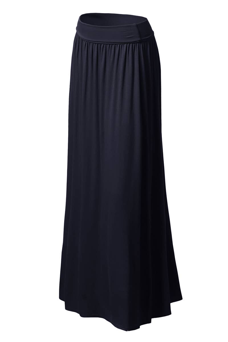 AWBLS089_High Waist Elastic Closure Gather Maxi Skirt: Black / (M) 1