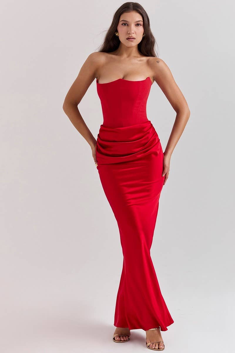 CWDMD5492_STRAPLESS BONED FITTED SOLID COLOR MERMAID DRESS: BLACK / (S) 1