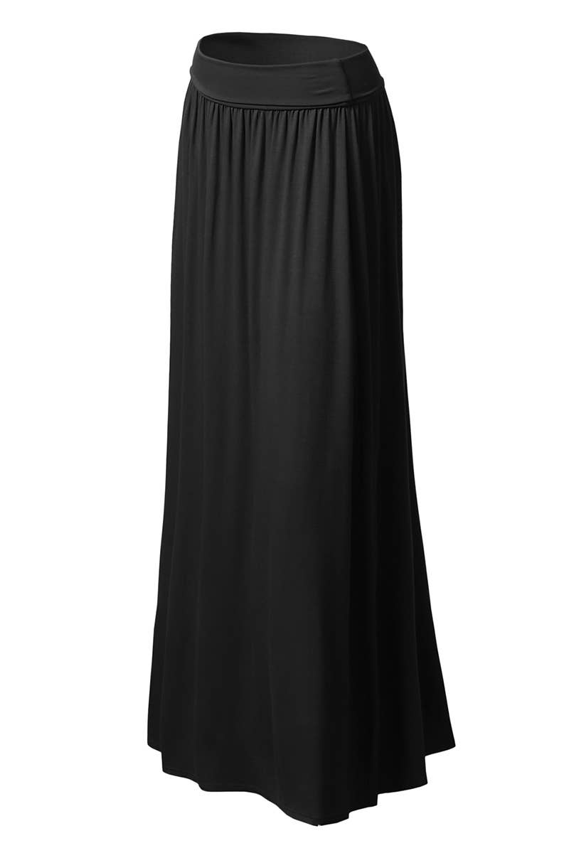 AWBLS089_High Waist Elastic Closure Gather Maxi Skirt: Black / (L) 1