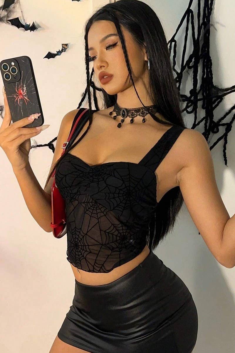 CWTTK0708_SPIDER WEB MESH SHEER SLIM FIT TANK TOP: BLACK / (L) 1