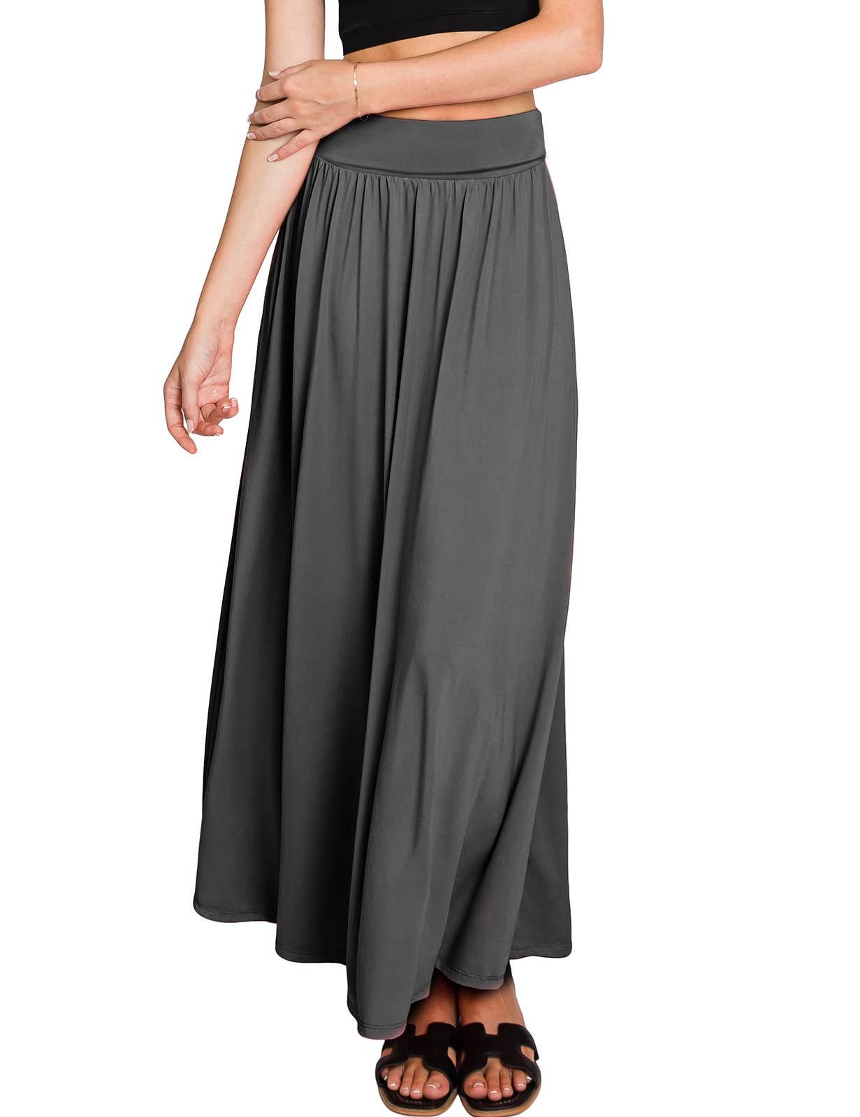 AWBLS089_High Waist Elastic Closure Gather Maxi Skirt: Black / (S) 1