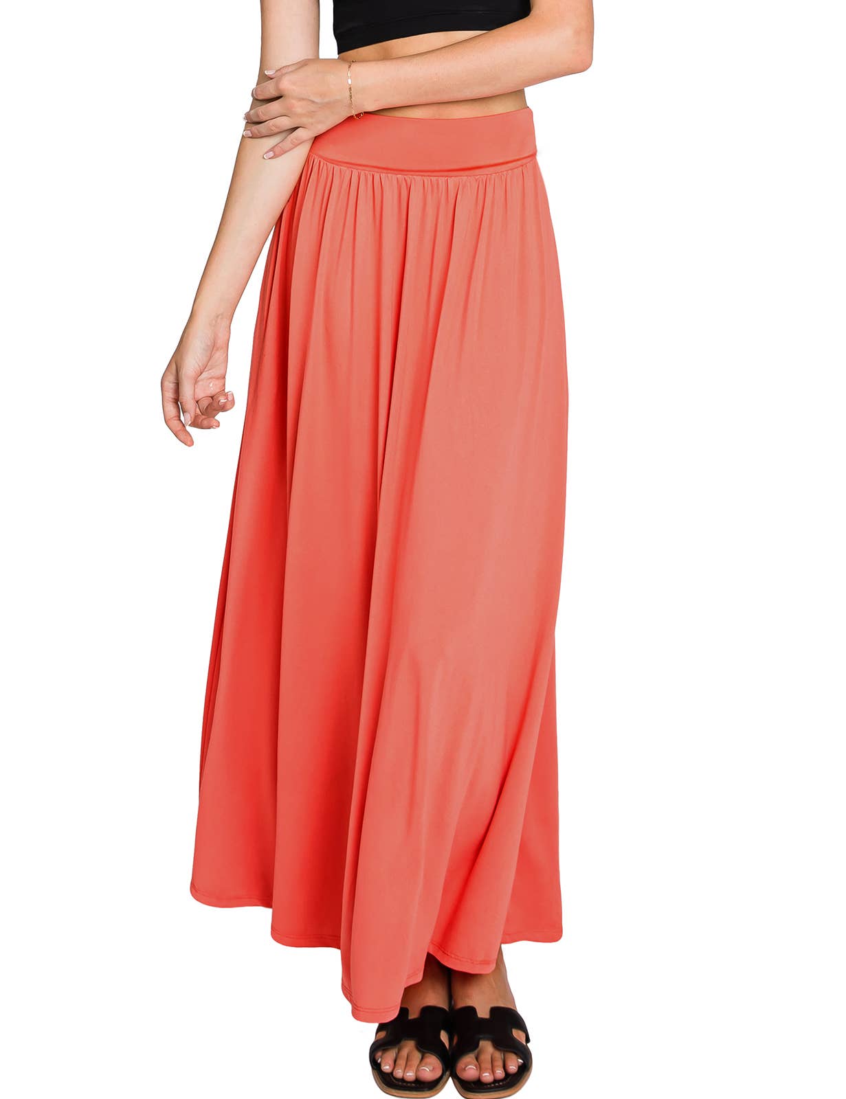AWBLS089_High Waist Elastic Closure Gather Maxi Skirt: Black / (M) 1