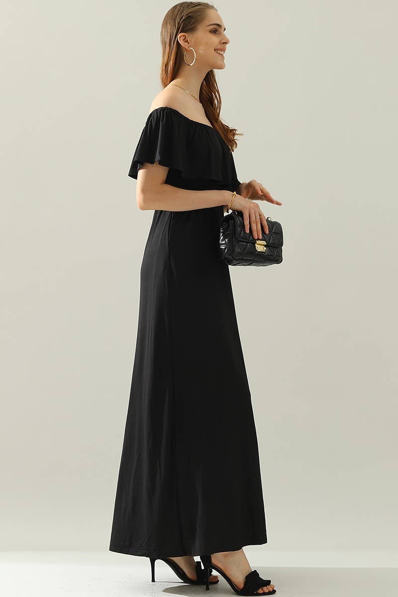 CWDMD818_LAYERED OFF THE SHOULDER MAXI DRESS: BLACK / (L) 1