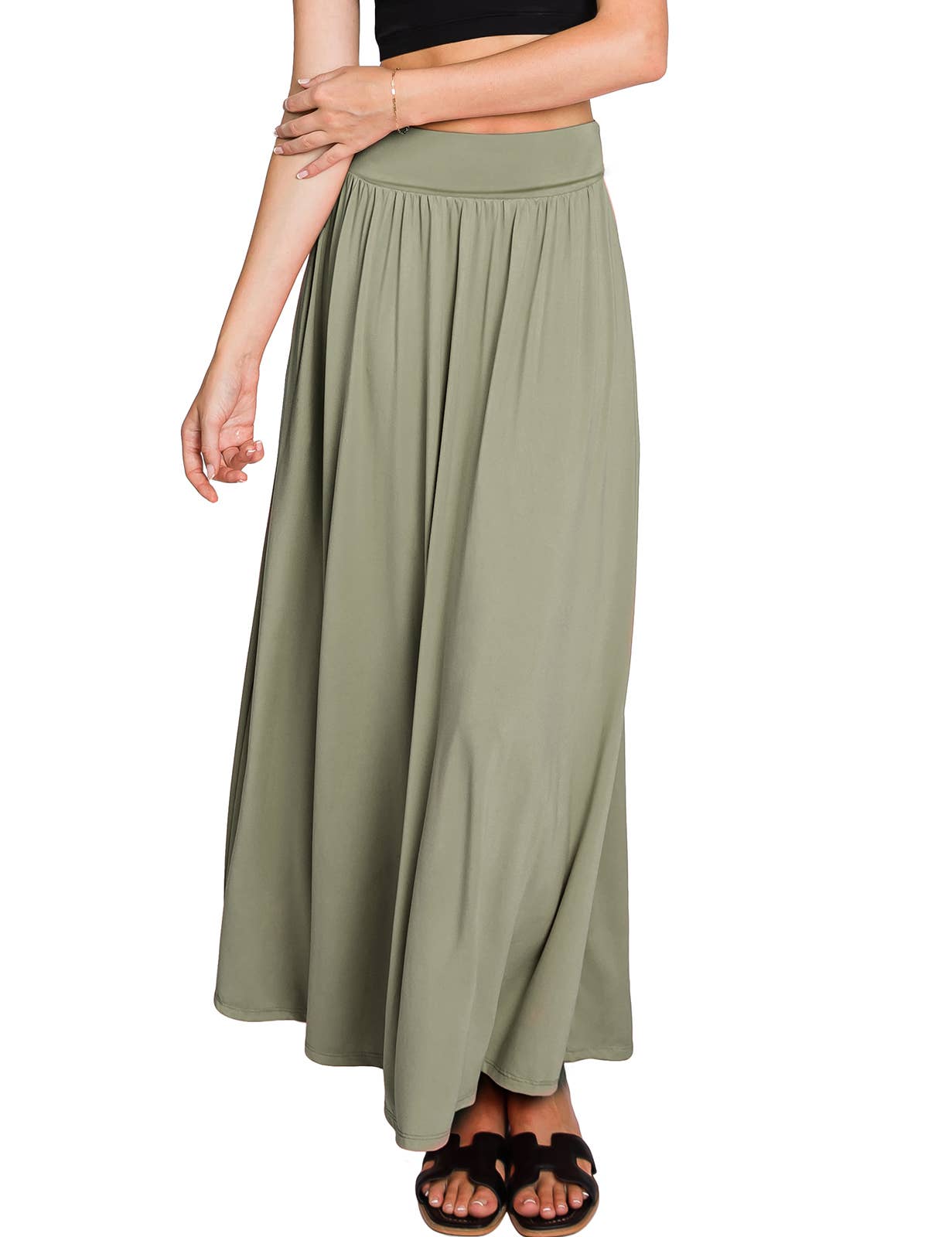 AWBLS089_High Waist Elastic Closure Gather Maxi Skirt: Black / (S) 1
