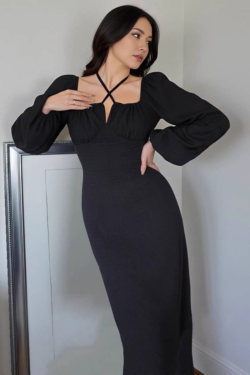 CWDMD03111_SOLID SQUARE NECK CROSS TIE BODYCON DRESS: BLACK / (S) 1