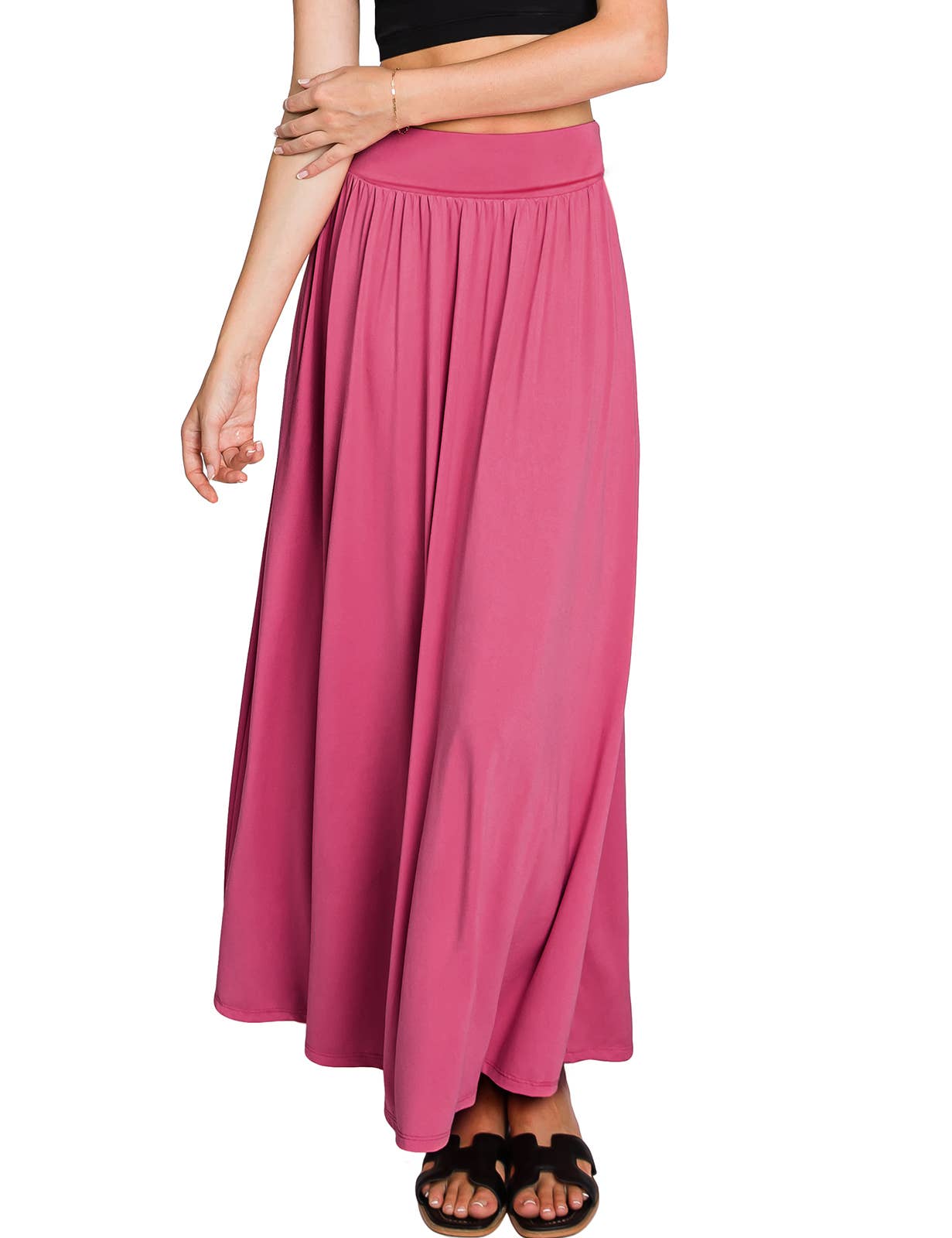 AWBLS089_High Waist Elastic Closure Gather Maxi Skirt: Black / (M) 1