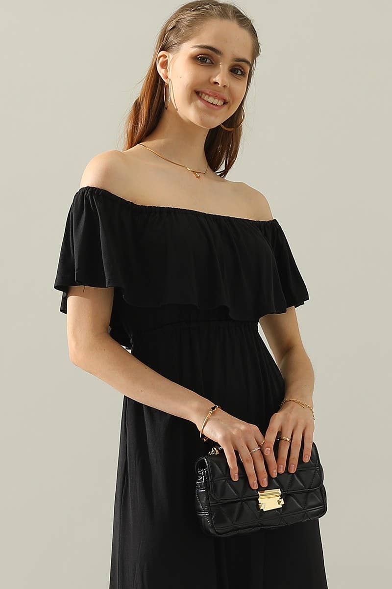 CWDMD818_LAYERED OFF THE SHOULDER MAXI DRESS: BLACK / (M) 1