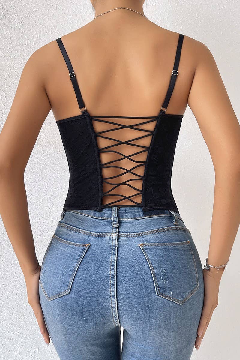 CWTHT00065_SOLID LACE UNDERWIRE CORSET CAMI TOP: BLACK / (L) 1