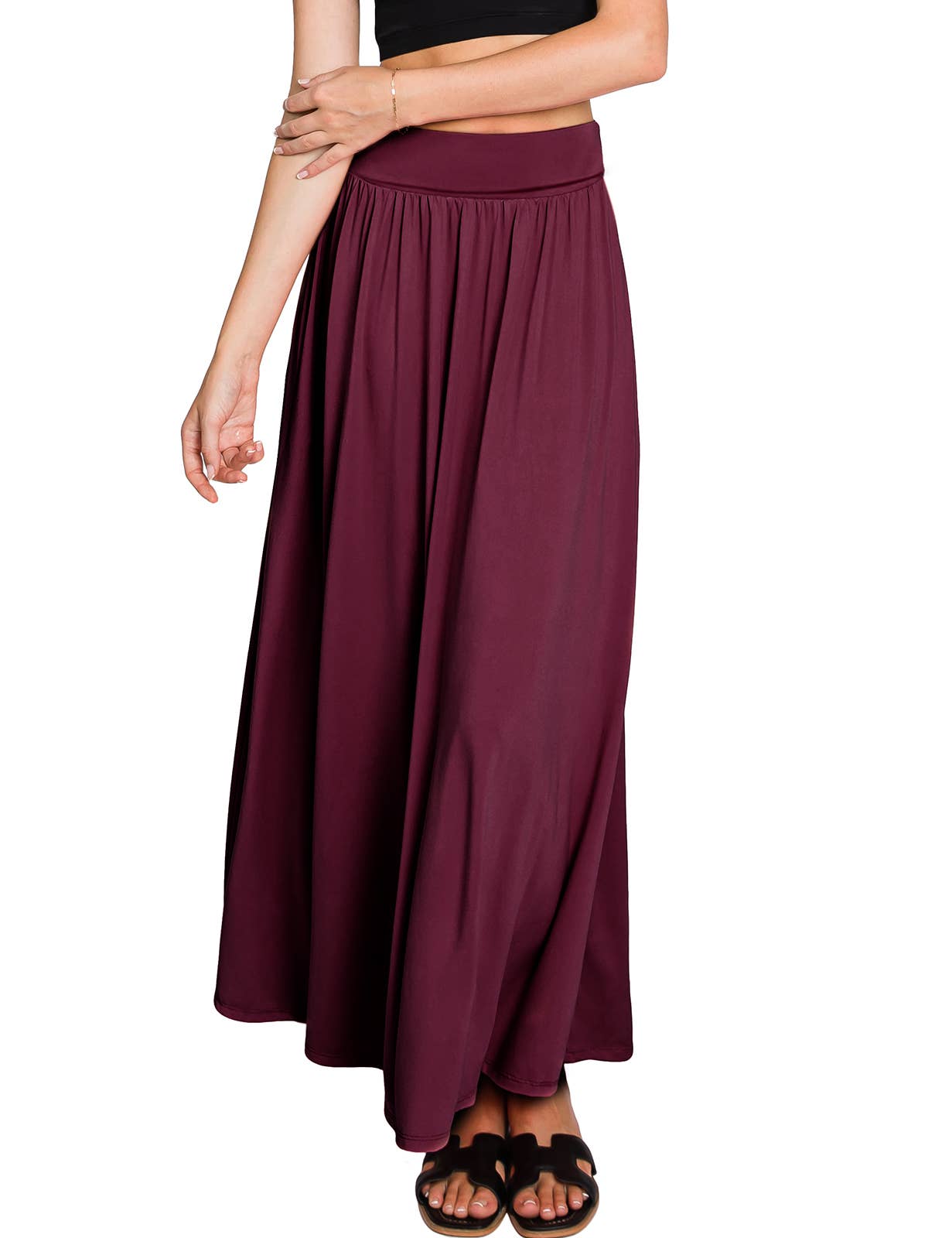 AWBLS089_High Waist Elastic Closure Gather Maxi Skirt: Black / (S) 1