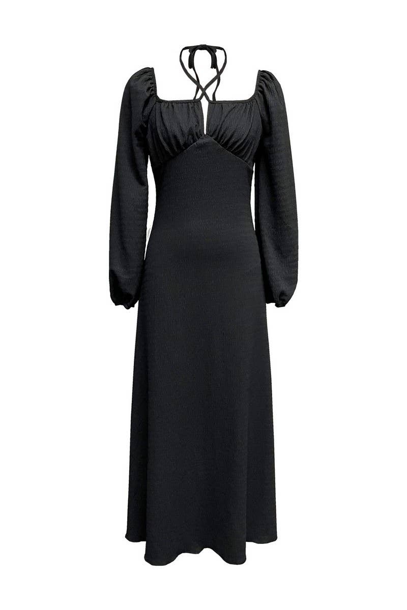 CWDMD03111_SOLID SQUARE NECK CROSS TIE BODYCON DRESS: BLACK / (XL) 1