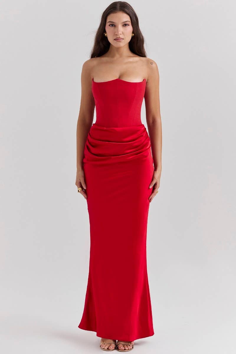 CWDMD5492_STRAPLESS BONED FITTED SOLID COLOR MERMAID DRESS: BLACK / (M) 1