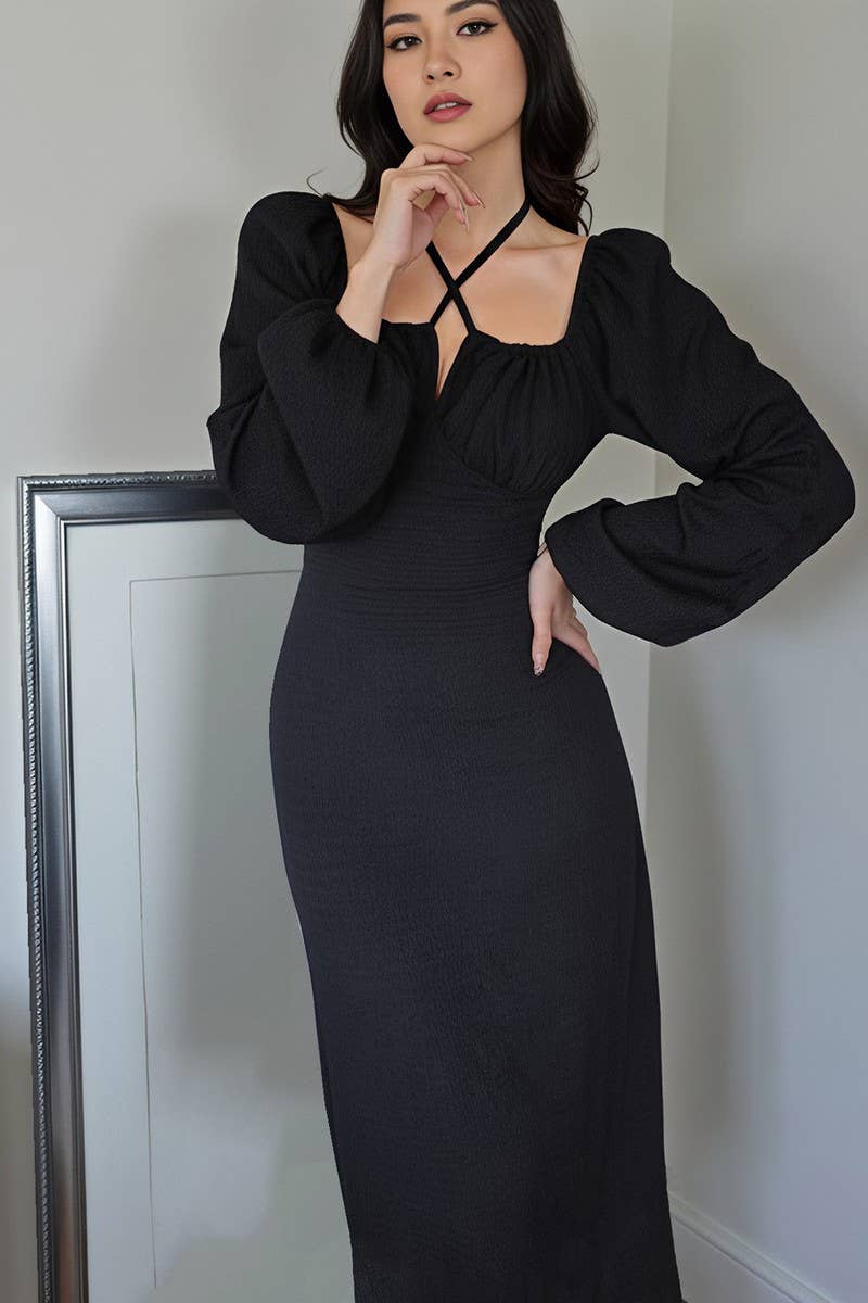 CWDMD03111_SOLID SQUARE NECK CROSS TIE BODYCON DRESS: BLACK / (L) 1