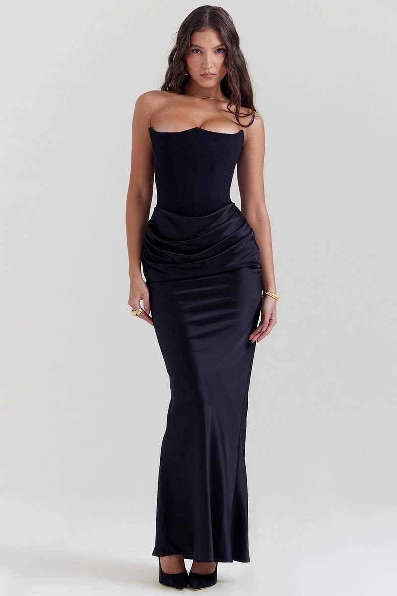 CWDMD5492_STRAPLESS BONED FITTED SOLID COLOR MERMAID DRESS: BLACK / (XL) 1