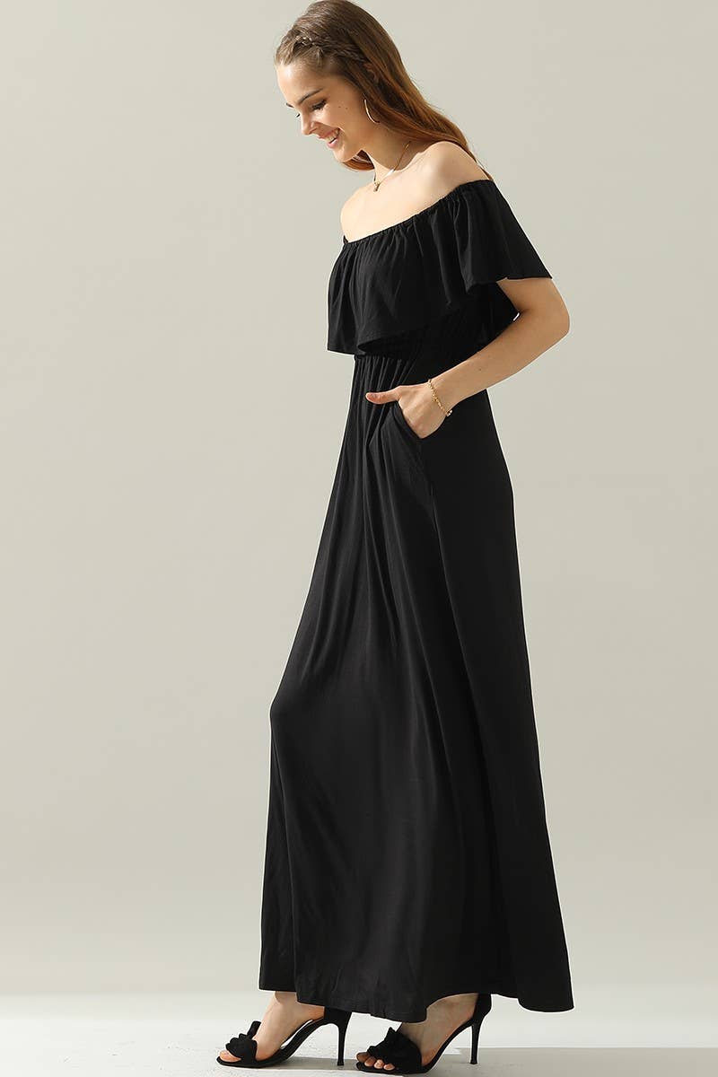 CWDMD818_LAYERED OFF THE SHOULDER MAXI DRESS: BLACK / (XL) 1