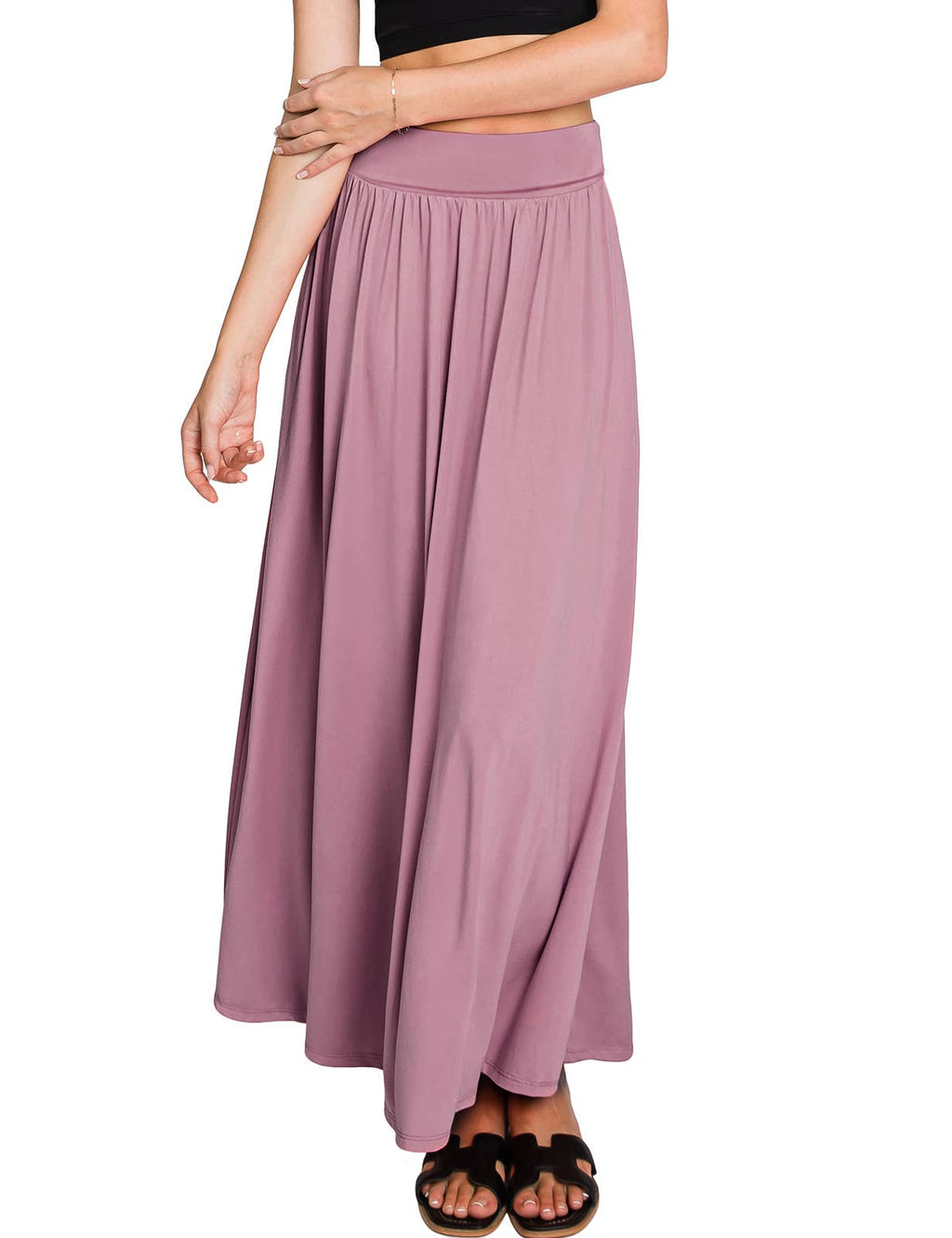 AWBLS089_High Waist Elastic Closure Gather Maxi Skirt: Black / (S) 1