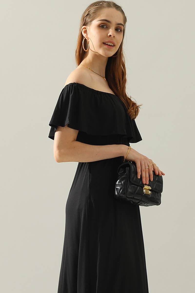 CWDMD818_LAYERED OFF THE SHOULDER MAXI DRESS: BLACK / (M) 1
